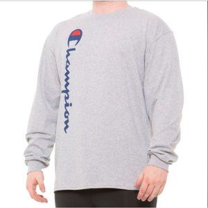 CHAMPION Men's Vertical Script Logo T Shirt Long Sleeve Size 1XL Heather Gray